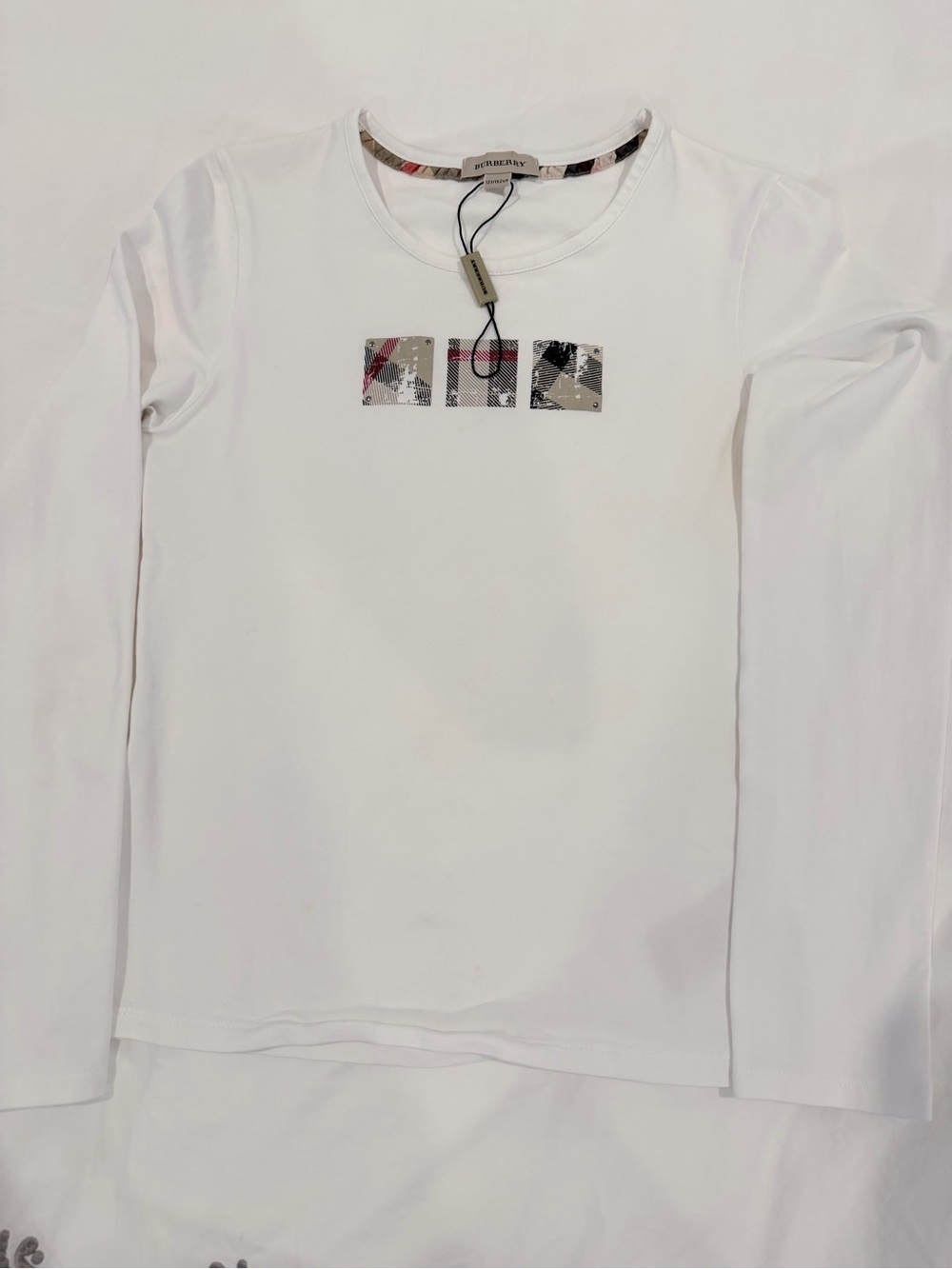 Burberry White Tee with Beige and Red Check Square Accents